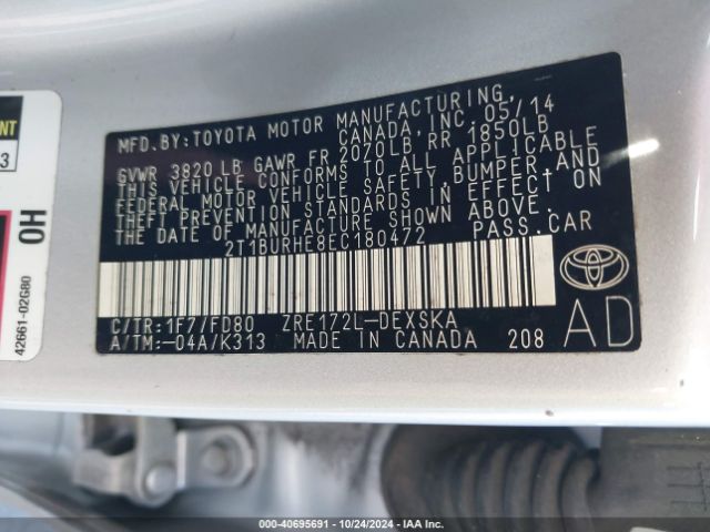 2T1BURHE8EC180472 Toyota Corolla L/le/le Pls/prm/s/s Pls