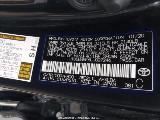 JTDEBRBE6LJ027246 Toyota Corolla Hybrid Le