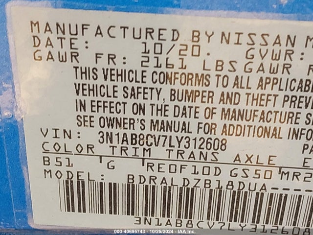 3N1AB8CV7LY312608 Nissan Sentra Sv Xtronic Cvt