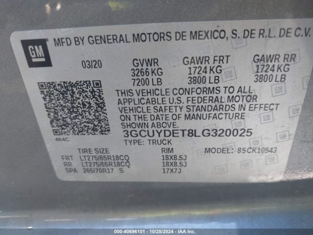 3GCUYDET8LG320025 Chevrolet Silverado 1500 4wd  Short Bed Lt