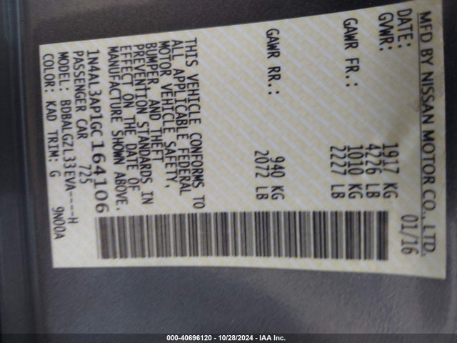 Nissan Altima 2.5 S 2016 1N4AL3AP1GC164106 Image 9