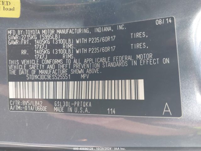 5TDYK3DC9ES525551 Toyota Sienna Xle/limited