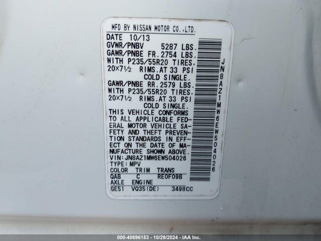 Nissan Murano Le 2014 JN8AZ1MW6EW504026 Image 9