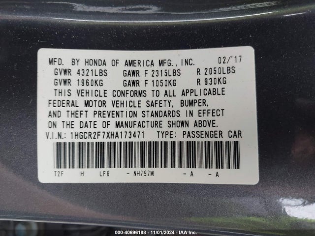 Honda ACCORD EX 2017 1HGCR2F7XHA173471 Image 9