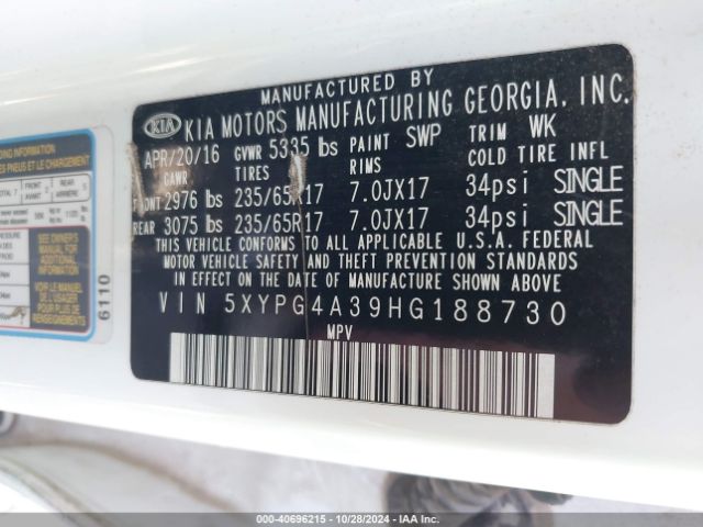 5XYPG4A39HG188730 KIA Sorento 2.4l Lx