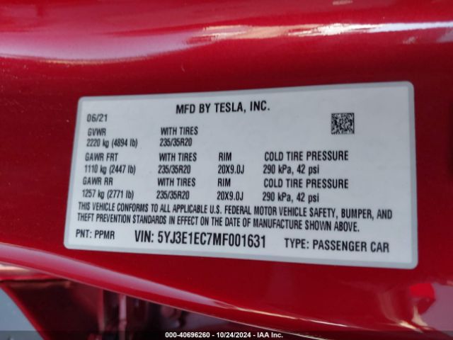 5YJ3E1EC7MF001631 Tesla Model 3 Performance Dual Motor All-wheel Drive
