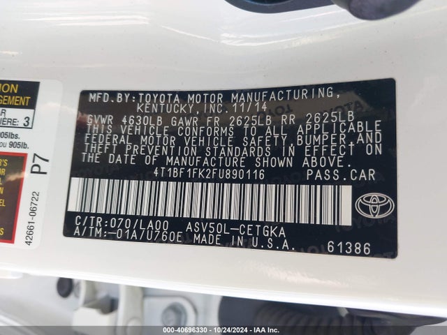 Toyota CAMRY XLE 2015 4T1BF1FK2FU890116 Image 9