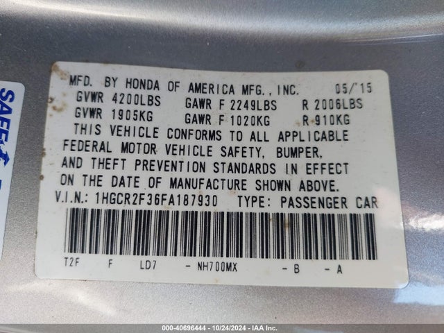 Honda ACCORD LX 2015 1HGCR2F36FA187930 Image 9
