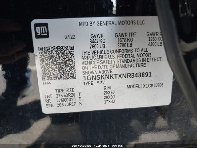 1GNSKNKTXNR348891 Chevrolet Tahoe 4wd Lt