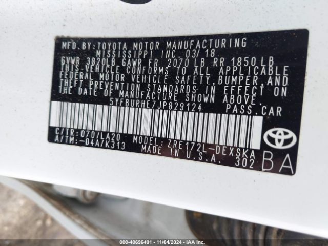5YFBURHE7JP829124 Toyota Corolla Xse