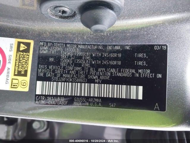 Toyota Highlander Xle 2019 5TDJZRFH3KS588603 Image 9