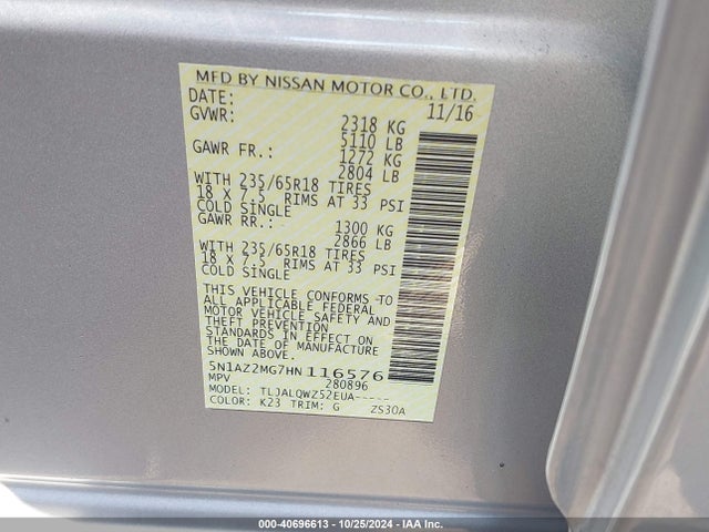 Nissan MURANO SV 2017 5N1AZ2MG7HN116576 Image 9