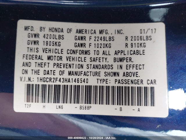 Honda ACCORD LX 2017 1HGCR2F43HA146540 Image 9