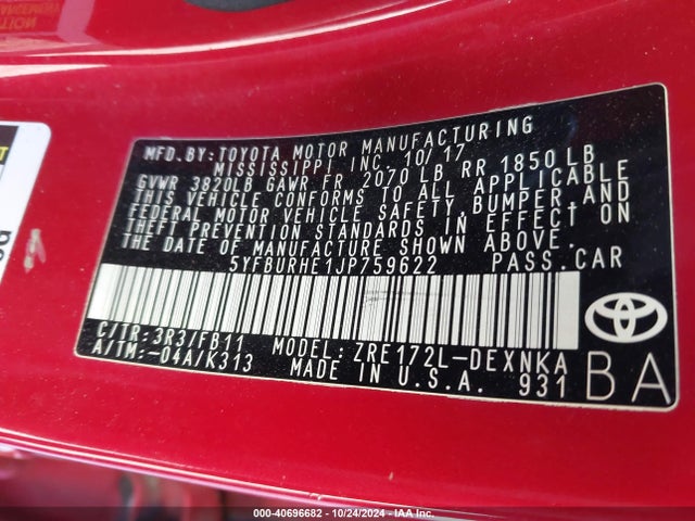 Toyota COROLLA LE 2018 5YFBURHE1JP759622 Image 9