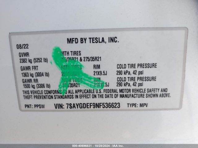 7SAYGDEF9NF536623 Tesla Model Y Performance Dual Motor All-wheel Drive