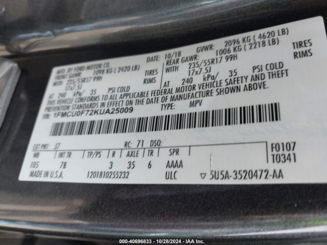 1FMCU0F72KUA25009 Ford ESCAPE S
