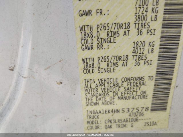 1N6AA1EK4HN537578 Nissan TITAN S