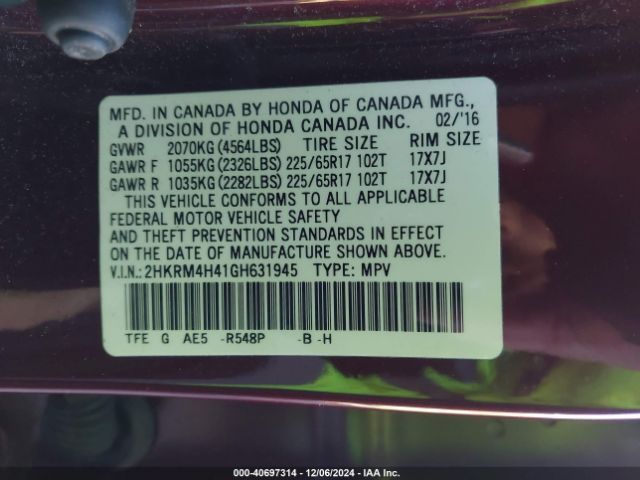 2HKRM4H41GH631945 Honda CR-V SE