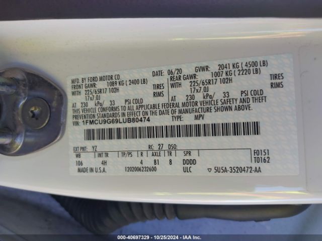 1FMCU9G69LUB80474 Ford ESCAPE SE