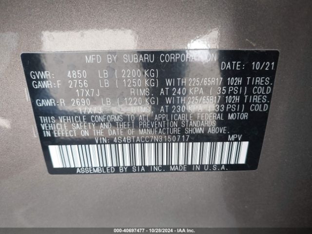 4S4BTACC7N3150717 Subaru Outback Premium