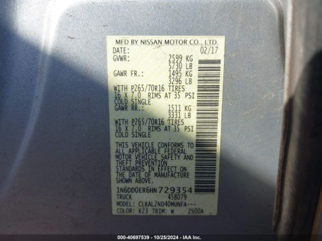1N6DD0ER6HN729354 Nissan Frontier Sv