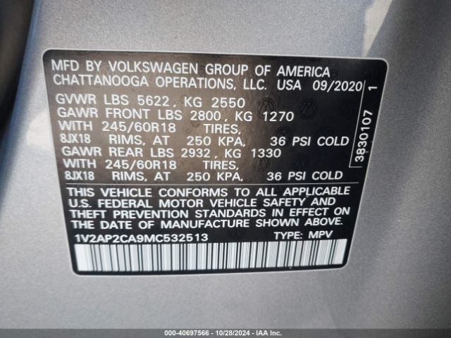 1V2AP2CA9MC532513 Volkswagen Atlas 2.0t S