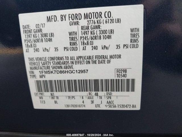 Ford EXPLORER XLT 2017 1FM5K7D86HGC12957 Image 9