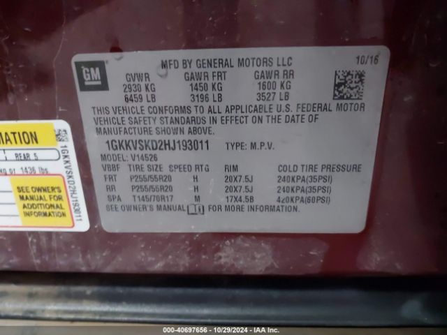 1GKKVSKD2HJ193011 GMC Acadia Limited