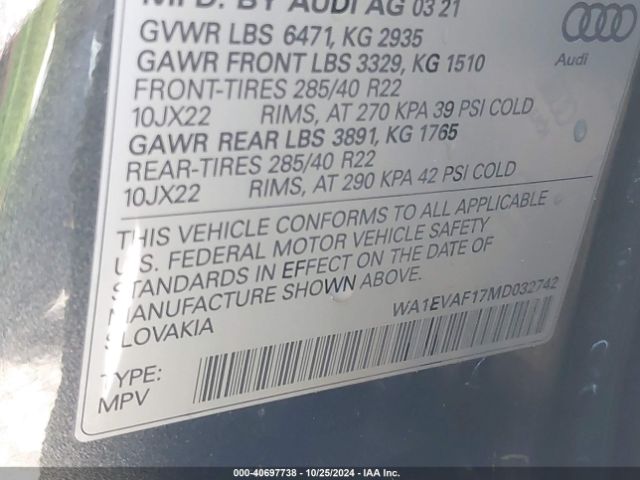 WA1EVAF17MD032742 Audi Q8 Premium Plus 55 Tfsi Quattro Tiptronic