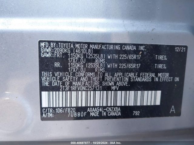 2T3F1RFV0NC257131 Toyota RAV4 LE