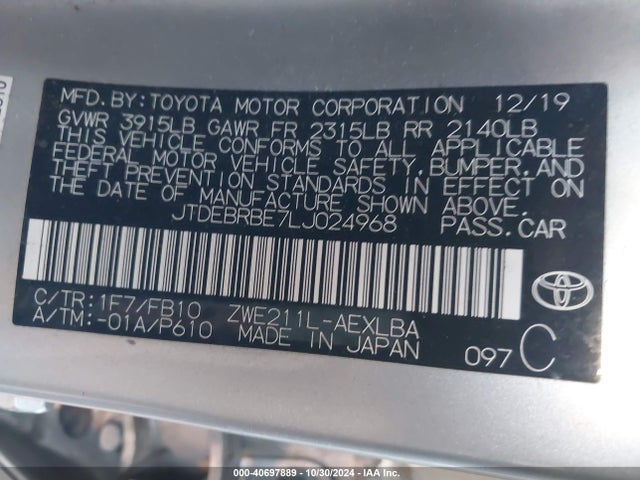 Toyota Corolla Hybrid Le 2020 JTDEBRBE7LJ024968 Image 9