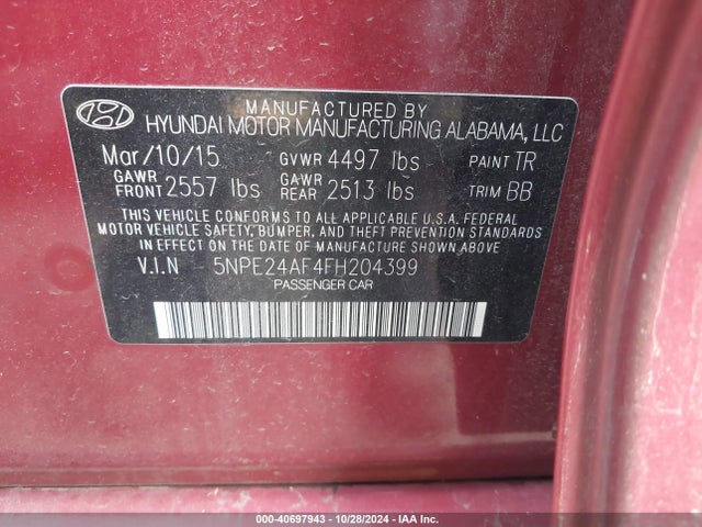 Hyundai SONATA SE 2015 5NPE24AF4FH204399 Image 9