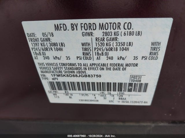 Ford EXPLORER XLT 2018 1FM5K8D88JGB83750 Image 9
