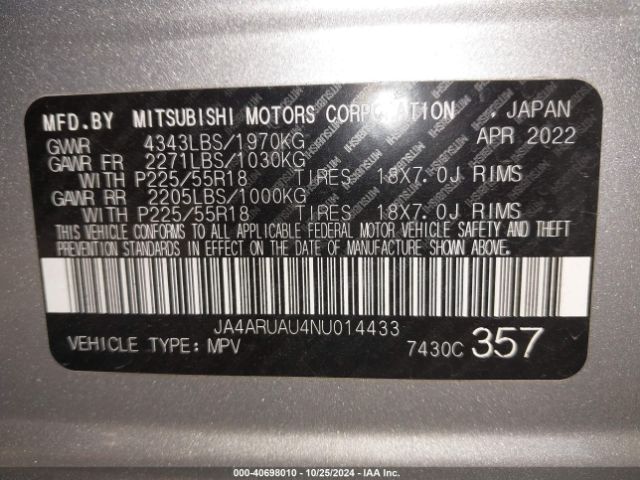 JA4ARUAU4NU014433 Mitsubishi Outlander Sport 2.0 Be /2.0 Es /2.0 Le /2.0 Se /2.0 Se Special Edition
