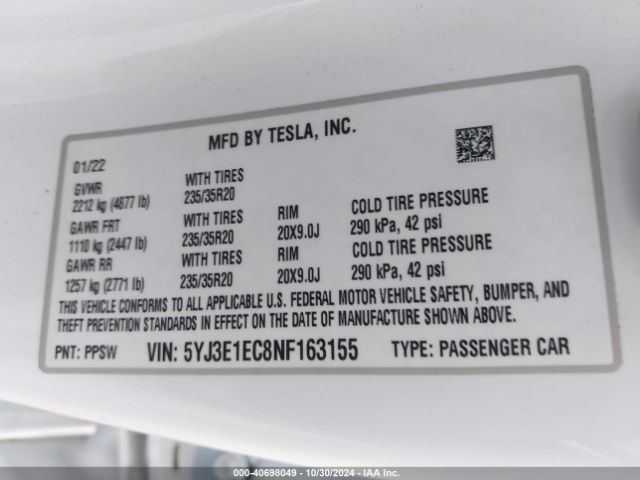 5YJ3E1EC8NF163155 Tesla Model 3 Performance Dual Motor All-wheel Drive