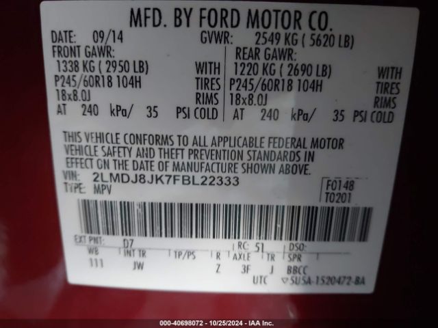 2LMDJ8JK7FBL22333 Lincoln MKX