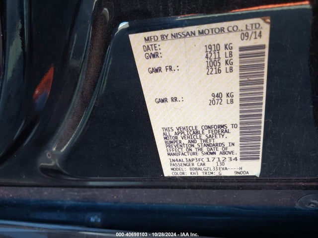 Nissan Altima 2.5 S 2015 1N4AL3AP3FC171234 Image 9