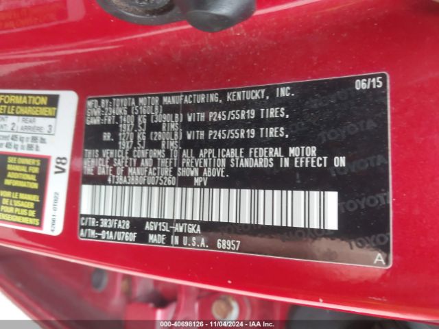 4T3BA3BB0FU075260 Toyota VENZA LE