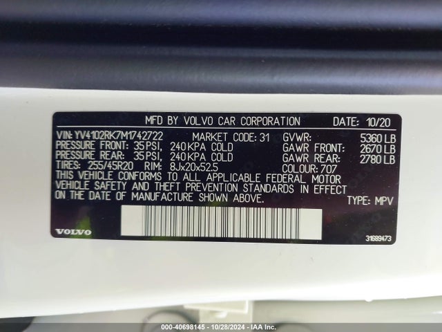 YV4102RK7M1742722 Volvo Xc60 Momentum