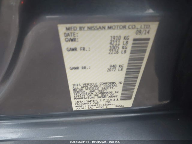 Nissan Altima 2.5 S 2015 1N4AL3AP4FC173431 Image 9