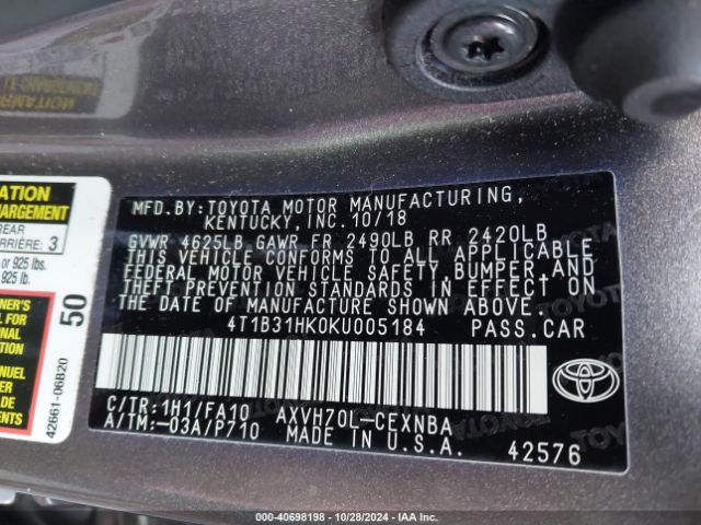 4T1B31HK0KU005184 Toyota Camry Hybrid Le