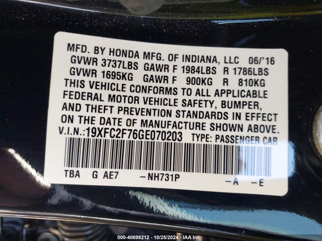 Honda CIVIC EX 2016 19XFC2F76GE070203 Image 9