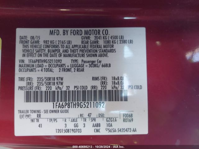 1FA6P8TH9G5211092 Ford Mustang Ecoboost