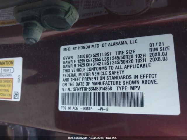 5FNYF8H53MB014868 Honda Passport Awd Ex-l