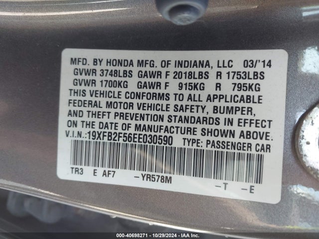 Honda Civic Lx 2014 19XFB2F56EE030590 Image 9