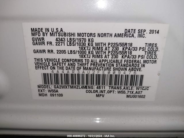 4A4AR3AU2FE009476 Mitsubishi Outlander Sport Es