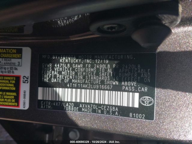 4T1F11AK2LU916667 Toyota CAMRY XLE