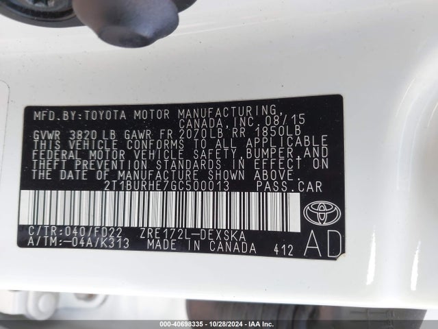 2T1BURHE7GC500013 Toyota Corolla S