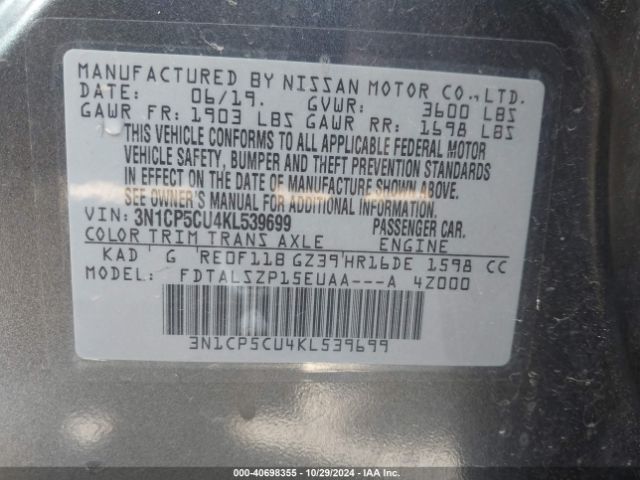 Nissan KICKS SV 2019 3N1CP5CU4KL539699 Image 9