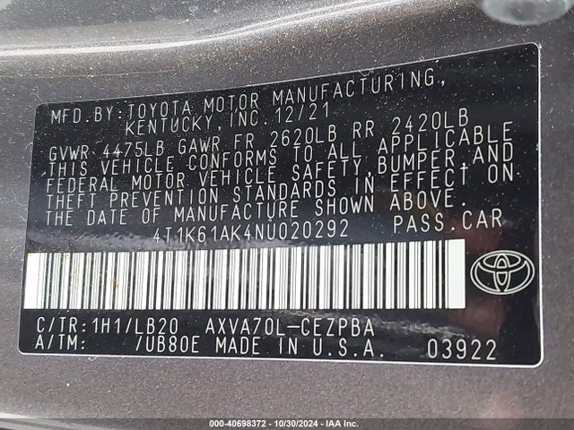 4T1K61AK4NU020292 Toyota CAMRY XSE